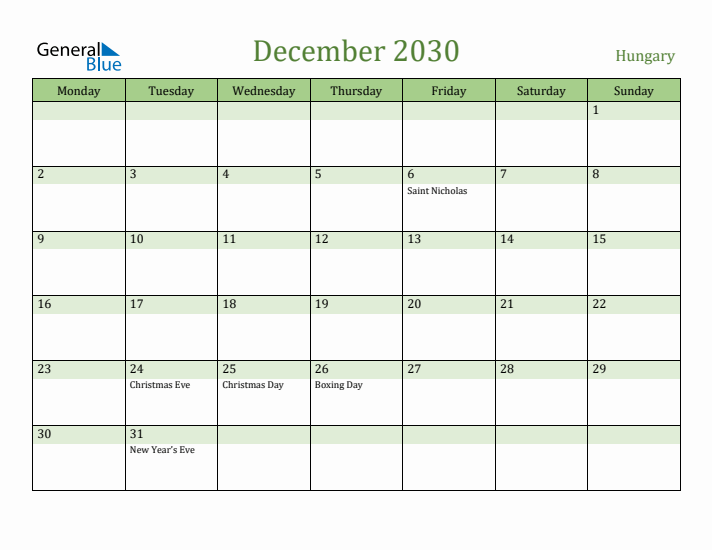 December 2030 Calendar with Hungary Holidays