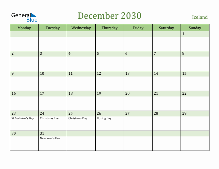 December 2030 Calendar with Iceland Holidays