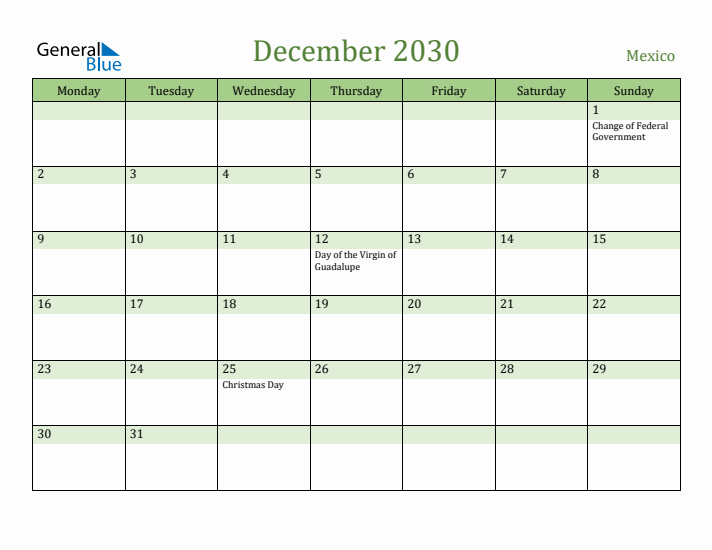 December 2030 Calendar with Mexico Holidays