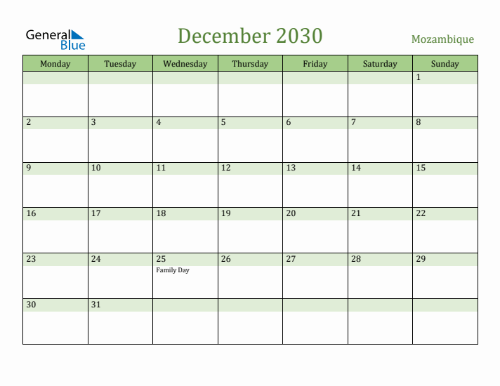 December 2030 Calendar with Mozambique Holidays