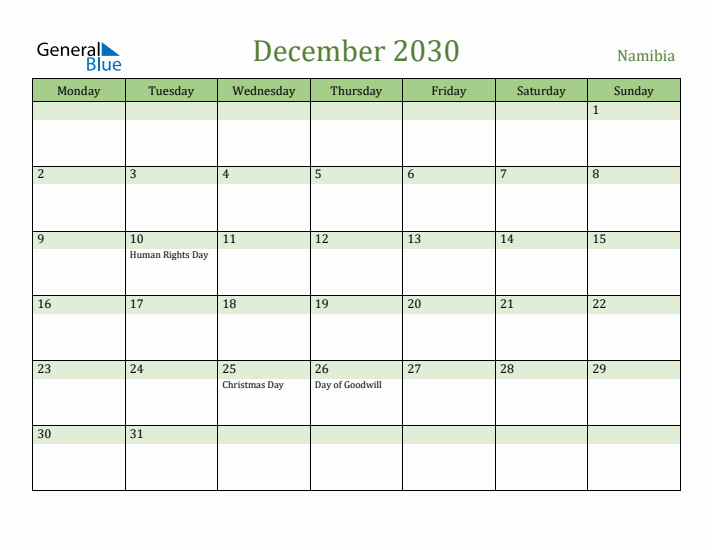 December 2030 Calendar with Namibia Holidays