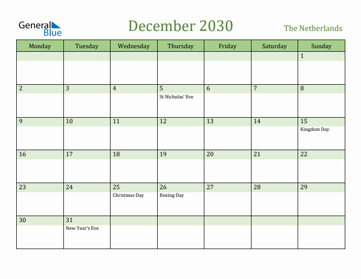 December 2030 Calendar with The Netherlands Holidays