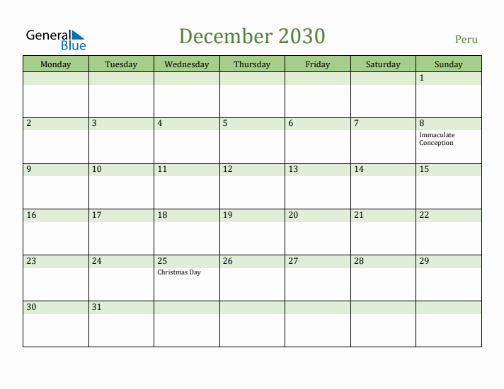 December 2030 Calendar with Peru Holidays