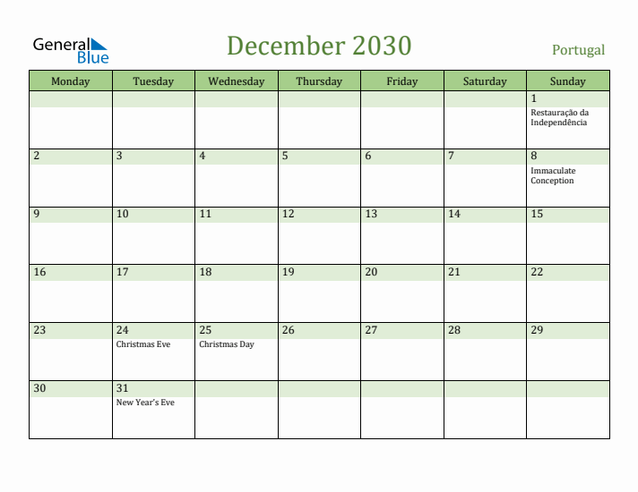 December 2030 Calendar with Portugal Holidays