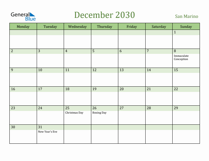 December 2030 Calendar with San Marino Holidays