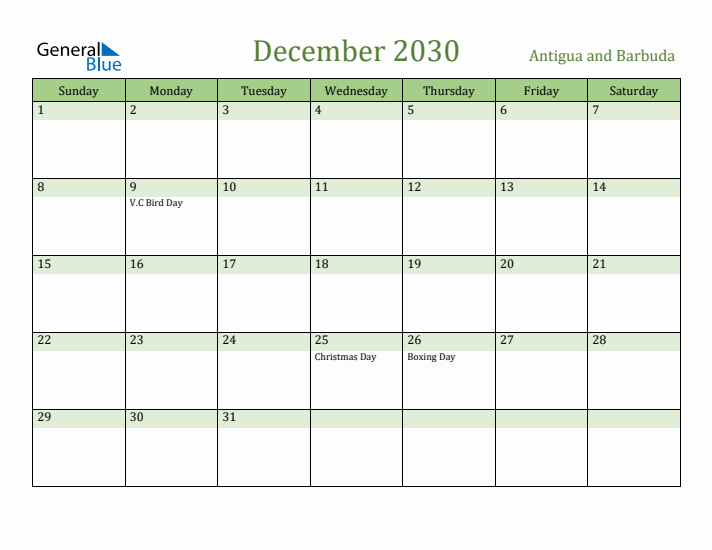 December 2030 Calendar with Antigua and Barbuda Holidays