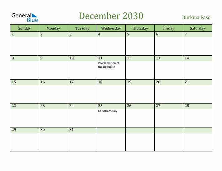 December 2030 Calendar with Burkina Faso Holidays