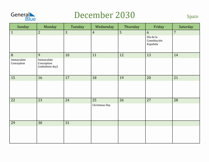 December 2030 Calendar with Spain Holidays