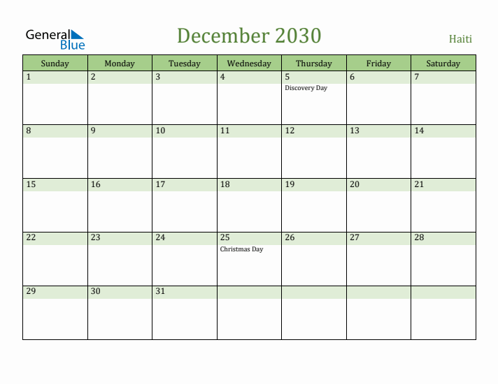 December 2030 Calendar with Haiti Holidays