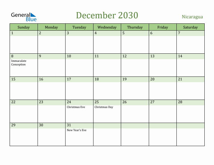 December 2030 Calendar with Nicaragua Holidays