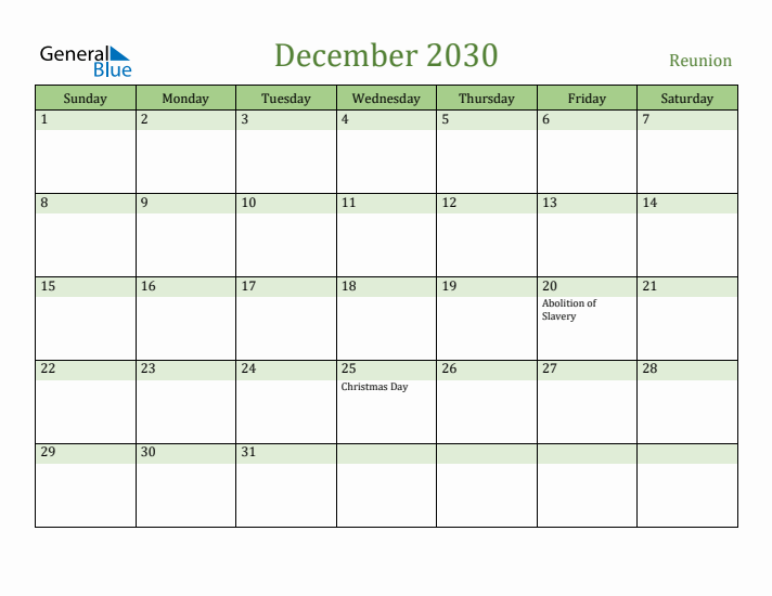 December 2030 Calendar with Reunion Holidays