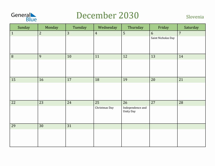 December 2030 Calendar with Slovenia Holidays