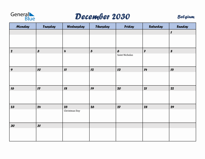 December 2030 Calendar with Holidays in Belgium