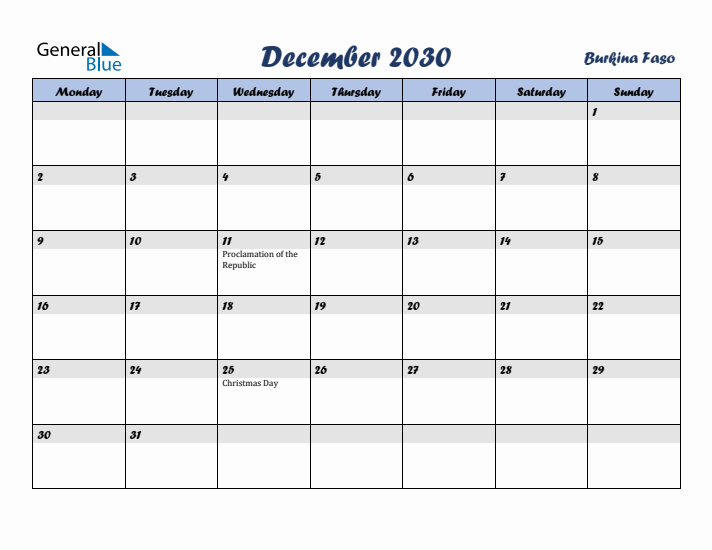 December 2030 Calendar with Holidays in Burkina Faso