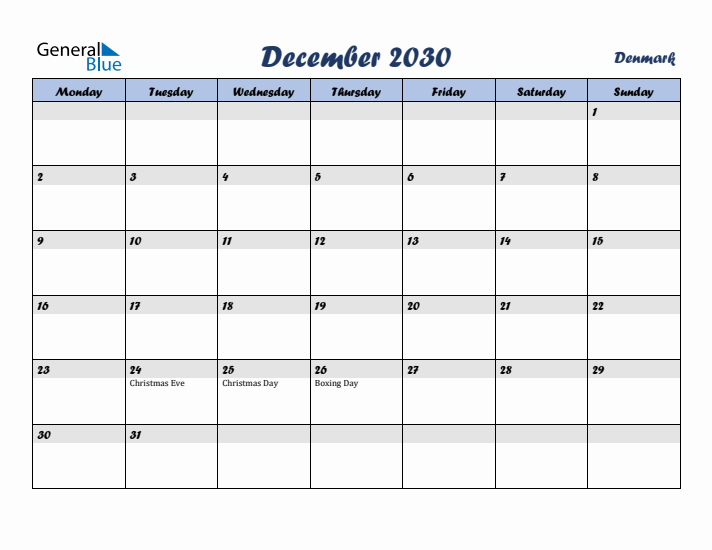 December 2030 Calendar with Holidays in Denmark