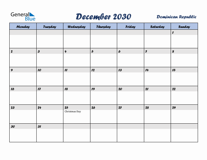 December 2030 Calendar with Holidays in Dominican Republic