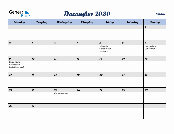 December 2030 Calendar with Holidays in Spain