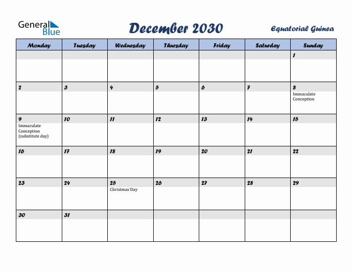 December 2030 Calendar with Holidays in Equatorial Guinea