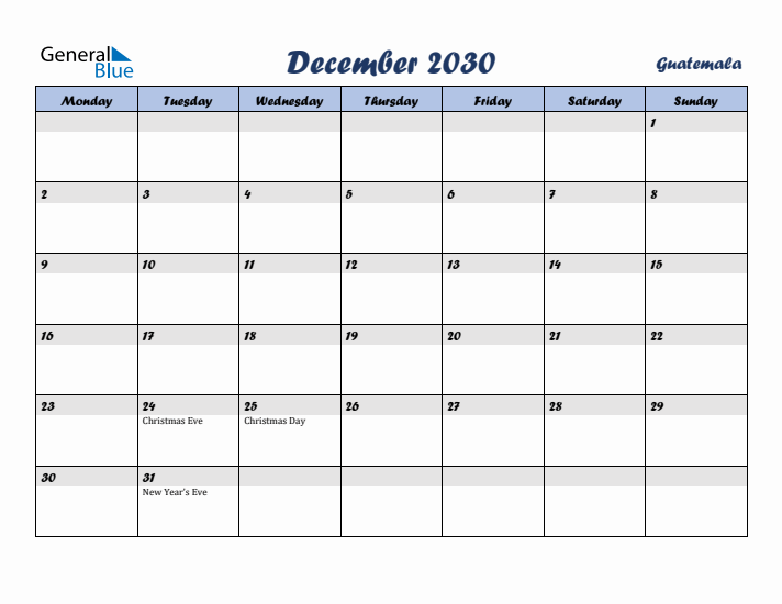 December 2030 Calendar with Holidays in Guatemala