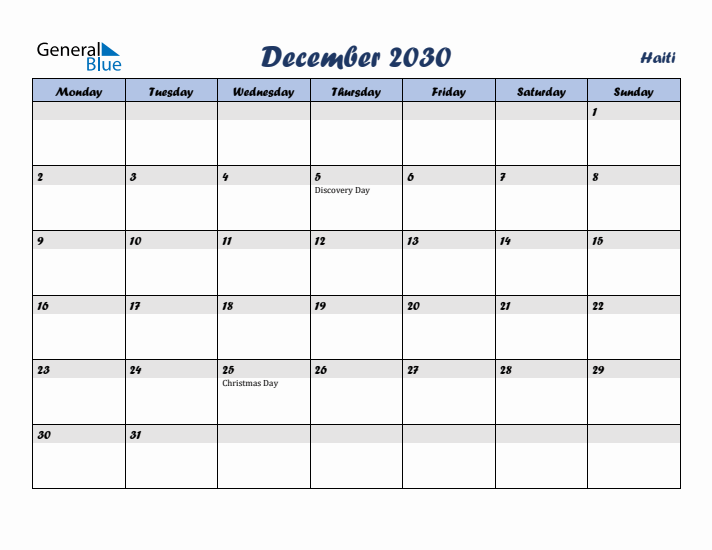 December 2030 Calendar with Holidays in Haiti