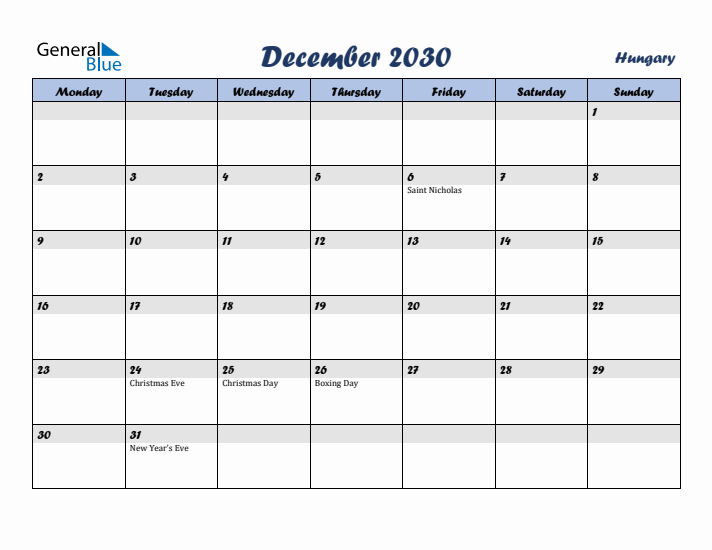 December 2030 Calendar with Holidays in Hungary