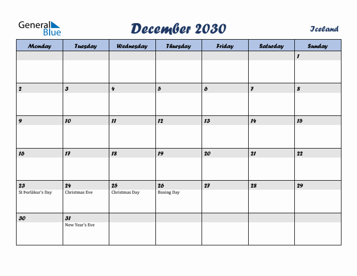 December 2030 Calendar with Holidays in Iceland