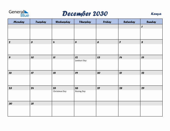 December 2030 Calendar with Holidays in Kenya