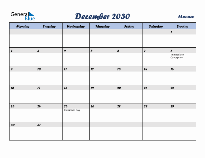 December 2030 Calendar with Holidays in Monaco