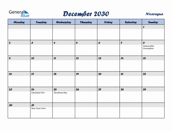 December 2030 Calendar with Holidays in Nicaragua