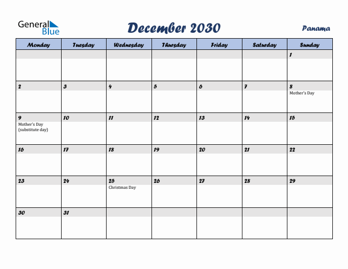 December 2030 Calendar with Holidays in Panama