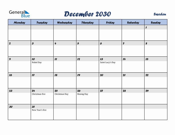 December 2030 Calendar with Holidays in Sweden