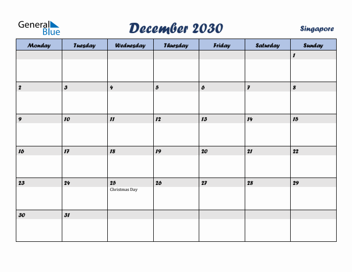 December 2030 Calendar with Holidays in Singapore