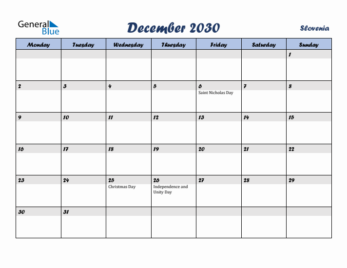 December 2030 Calendar with Holidays in Slovenia