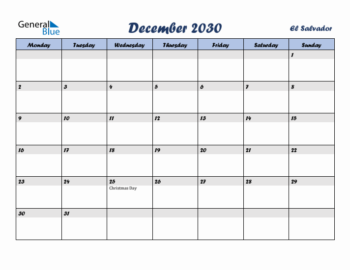 December 2030 Calendar with Holidays in El Salvador