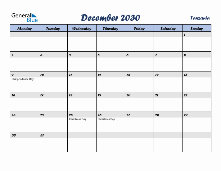 December 2030 Calendar with Holidays in Tanzania