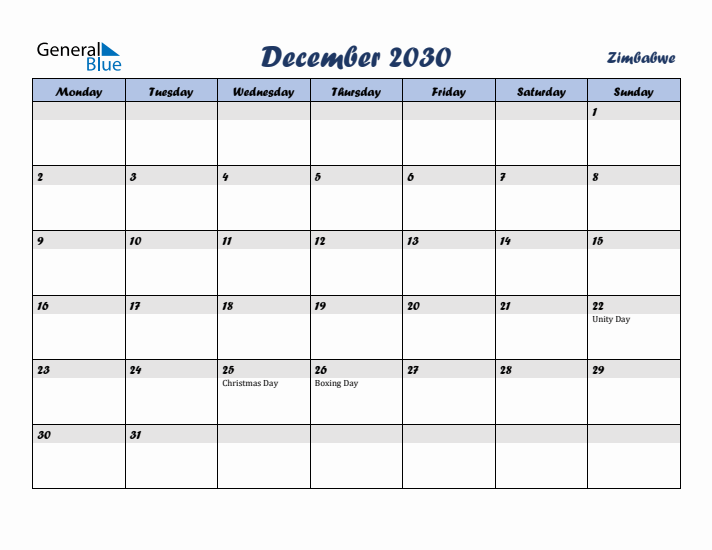 December 2030 Calendar with Holidays in Zimbabwe