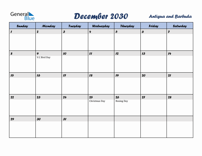 December 2030 Calendar with Holidays in Antigua and Barbuda