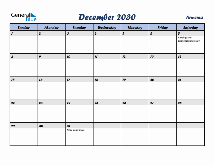 December 2030 Calendar with Holidays in Armenia