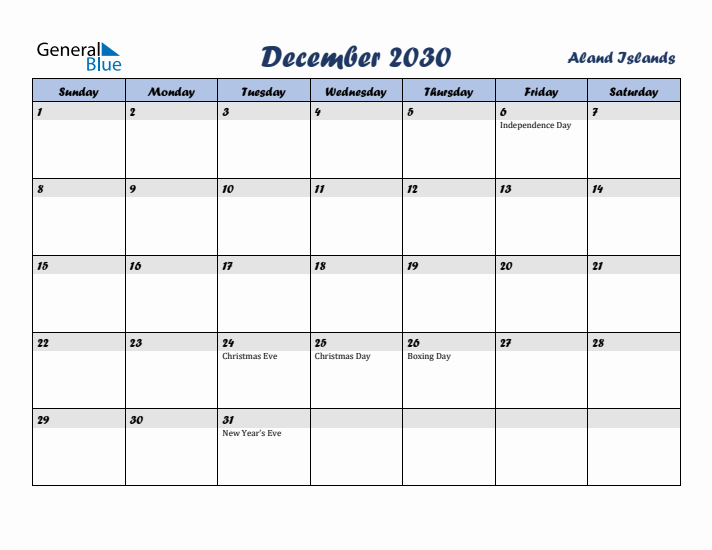 December 2030 Calendar with Holidays in Aland Islands