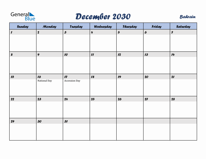 December 2030 Calendar with Holidays in Bahrain