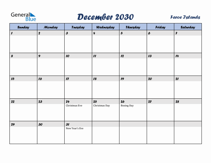 December 2030 Calendar with Holidays in Faroe Islands