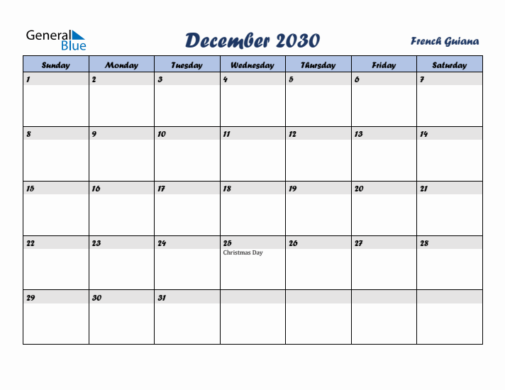 December 2030 Calendar with Holidays in French Guiana