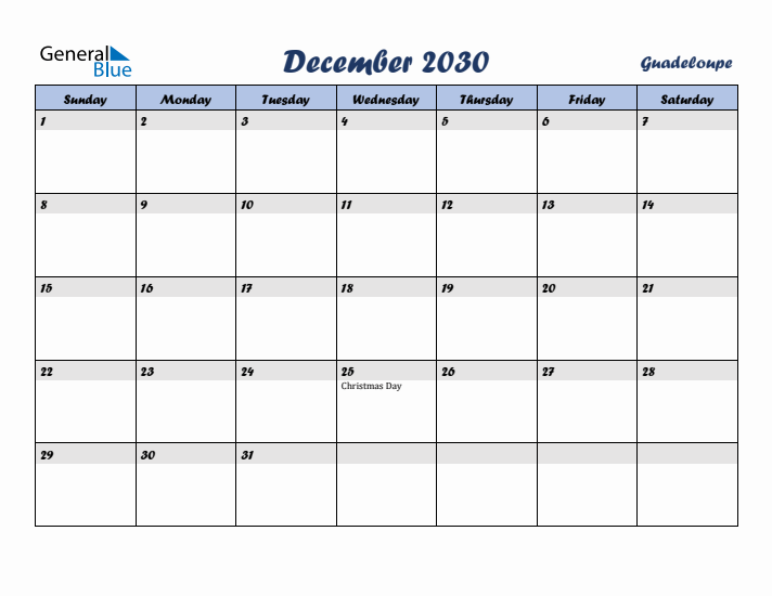 December 2030 Calendar with Holidays in Guadeloupe