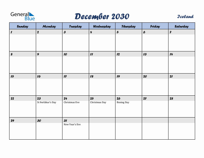 December 2030 Calendar with Holidays in Iceland