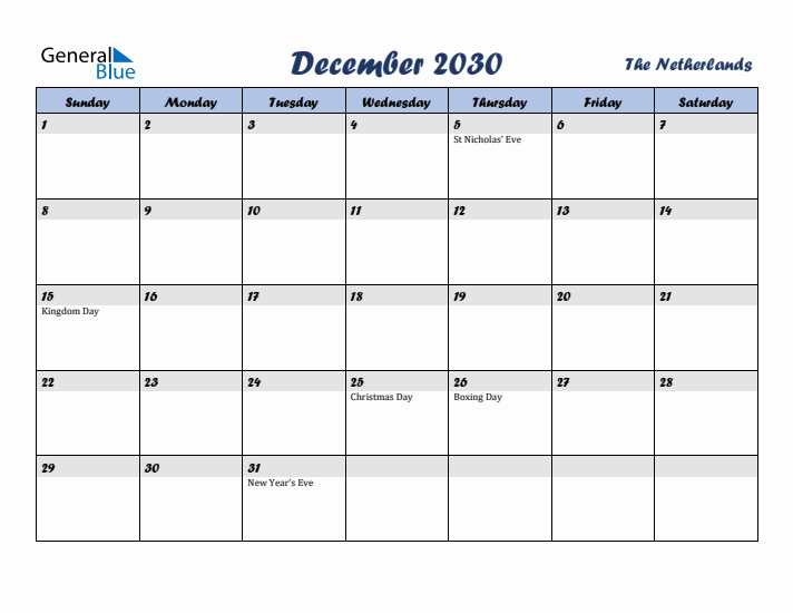 December 2030 Calendar with Holidays in The Netherlands