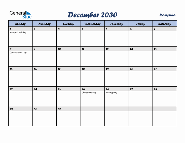 December 2030 Calendar with Holidays in Romania