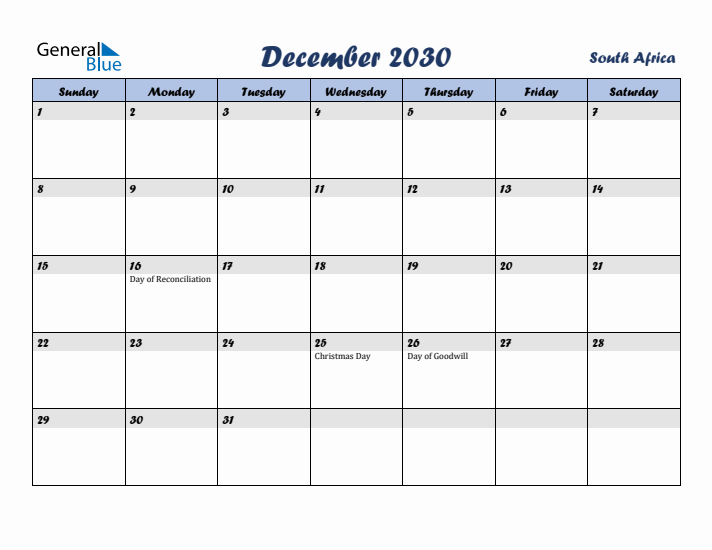 December 2030 Calendar with Holidays in South Africa