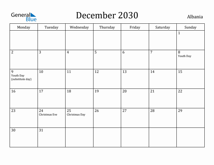 December 2030 Calendar Albania