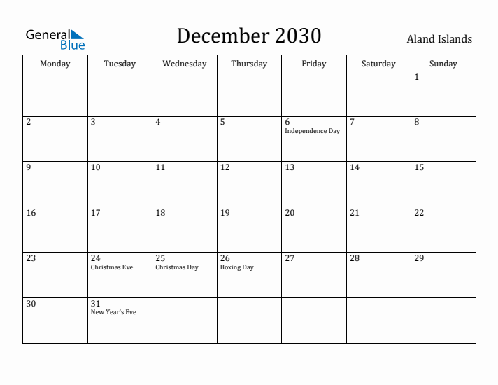 December 2030 Calendar Aland Islands