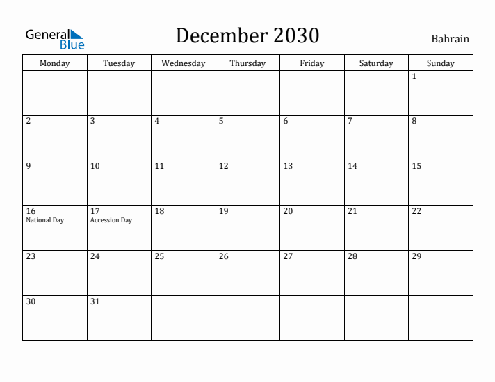 December 2030 Calendar Bahrain